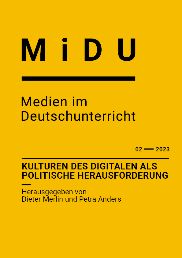 gelbes MiDU-Titelbild mit der Überschrift der Ausgabe 02/2023: "Kulturen des Digitalen als politische Herausforderung"