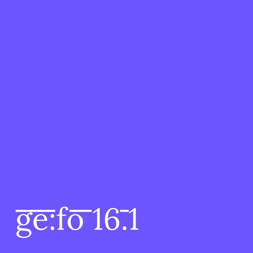blue square with issue number ge:fo 16.1