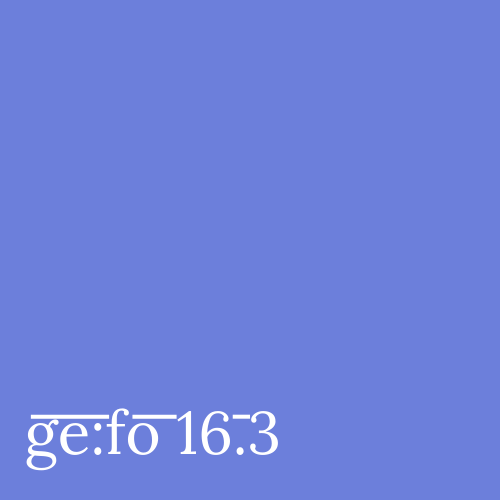 blue square with issue number ge:fo 16.3