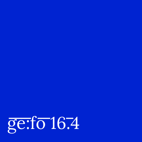 blue square with issue number ge:fo 16.4