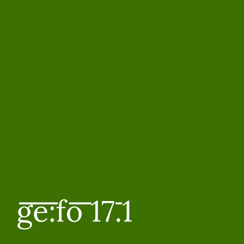 forest green square with issue number ge:fo 17.1