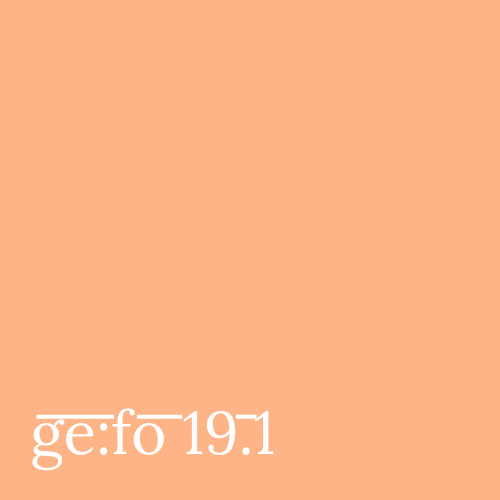 salmon colored square with issue number ge:fo 19.1