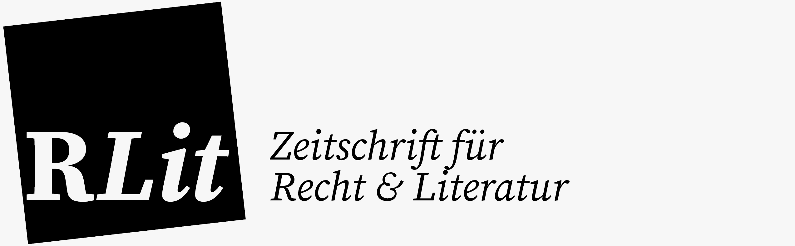 Das Logo der Zeitschrift. Es besteht aus einem schwarzen, leicht schrägem Block, auf dem der Schriftzug "RLit" in weiß steht. Daneben steht in schwarz auf weißem Hintergrund "Zeitschrift für Recht und Literatur",